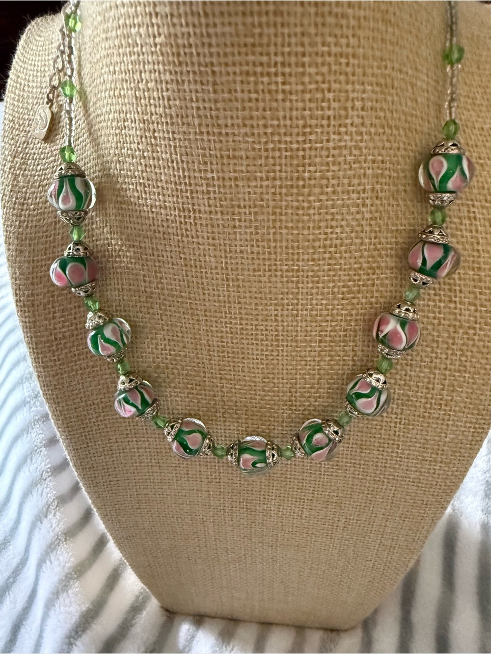 Pink and Green Glass Bead Necklace with Silver Accents
